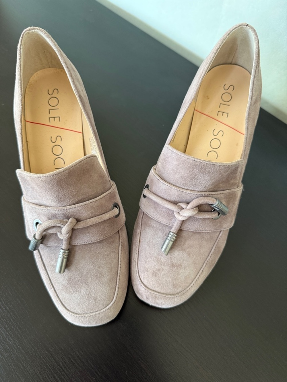 Sole Society Taupe Suede Block Heel Loafers Size 6.5 – Leather Upper